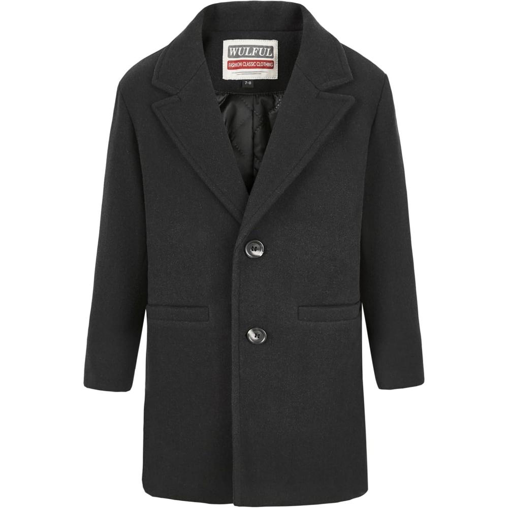 imageWULFUL Boys Wool Coat Single Breasted Trench Coat Winter Pea CoatBlack