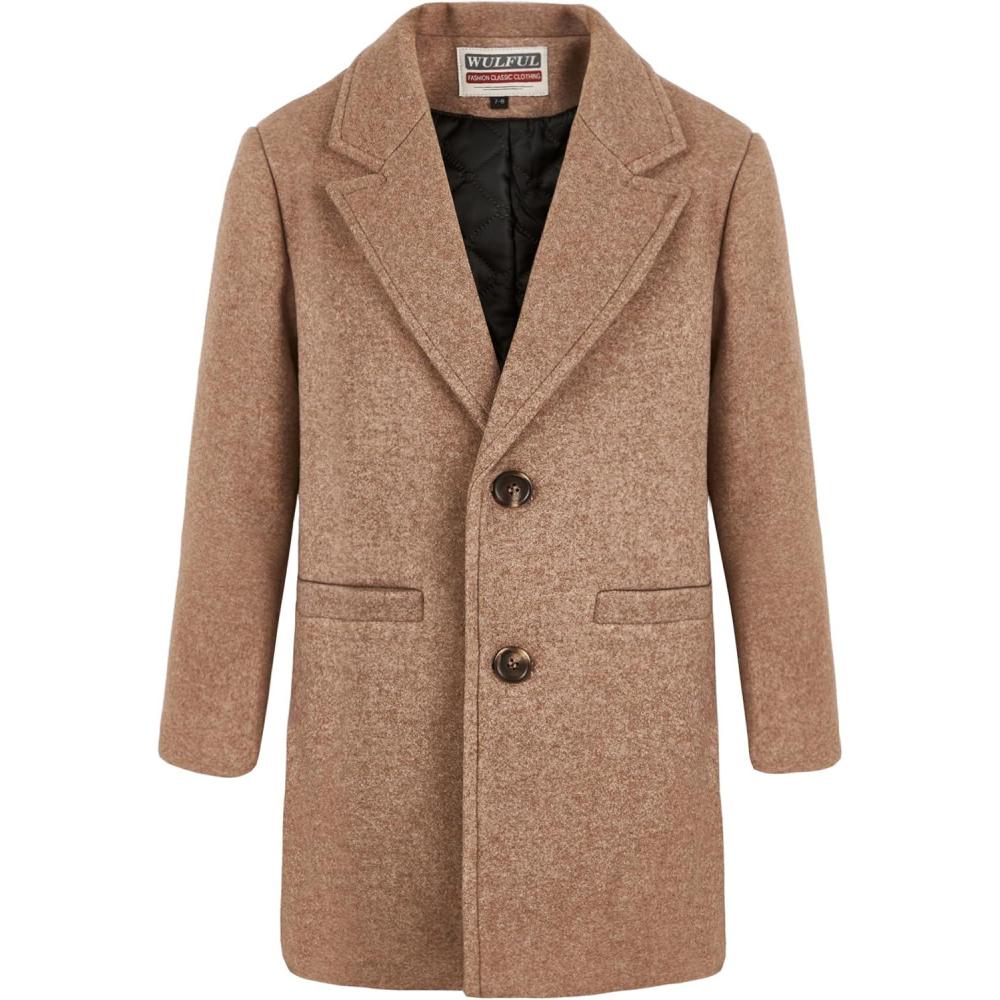 imageWULFUL Boys Wool Coat Single Breasted Trench Coat Winter Pea CoatBrown