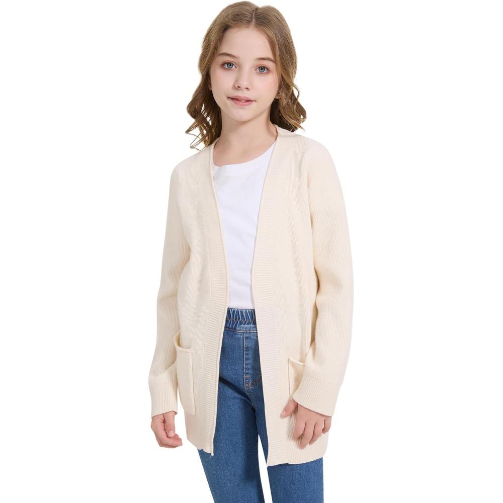 imageWULFUL Girls Long Sleeve Cardigan Kids Casual Open Front Oversized Sweater with PocketsWhite