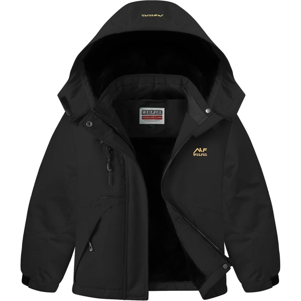 imageWULFUL Girls Waterproof Ski Jacket Warm Fleece Hooded Winter Snow CoatBlack