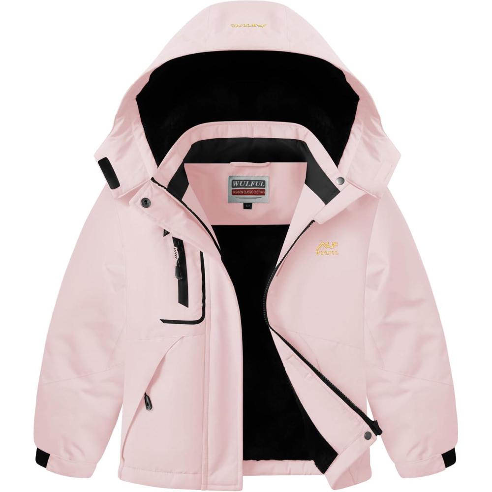 imageWULFUL Girls Waterproof Ski Jacket Warm Fleece Hooded Winter Snow CoatLight Pink