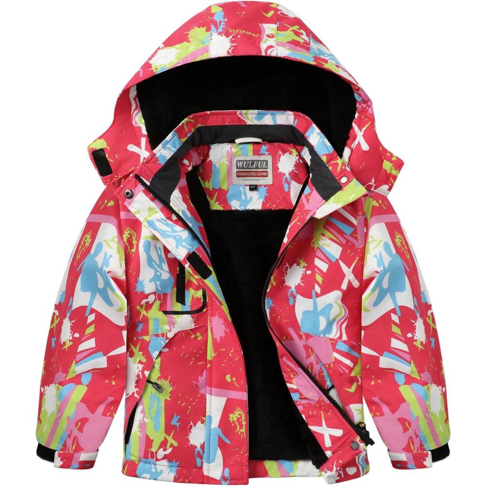 imageWULFUL Girls Waterproof Ski Jacket Warm Fleece Hooded Winter Snow CoatMulticolor
