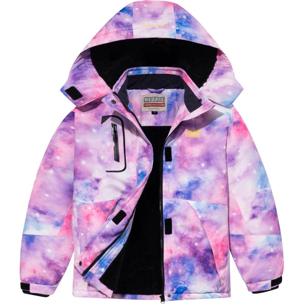 imageWULFUL Girls Waterproof Ski Jacket Warm Fleece Hooded Winter Snow CoatPattern 4