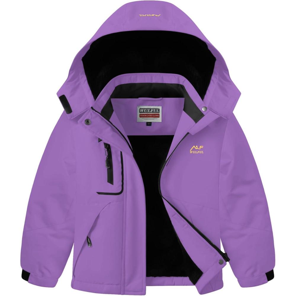 imageWULFUL Girls Waterproof Ski Jacket Warm Fleece Hooded Winter Snow CoatPurple