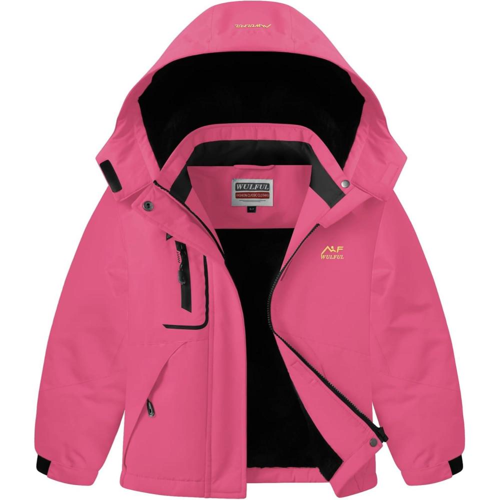 imageWULFUL Girls Waterproof Ski Jacket Warm Fleece Hooded Winter Snow CoatRose Red