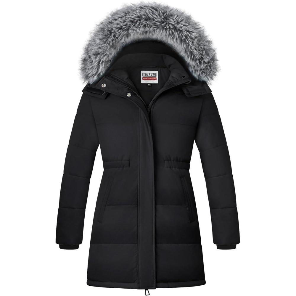 imageWULFUL Girls Winter Long Coats Hooded Parka Kids Warm Puffer JacketBlack