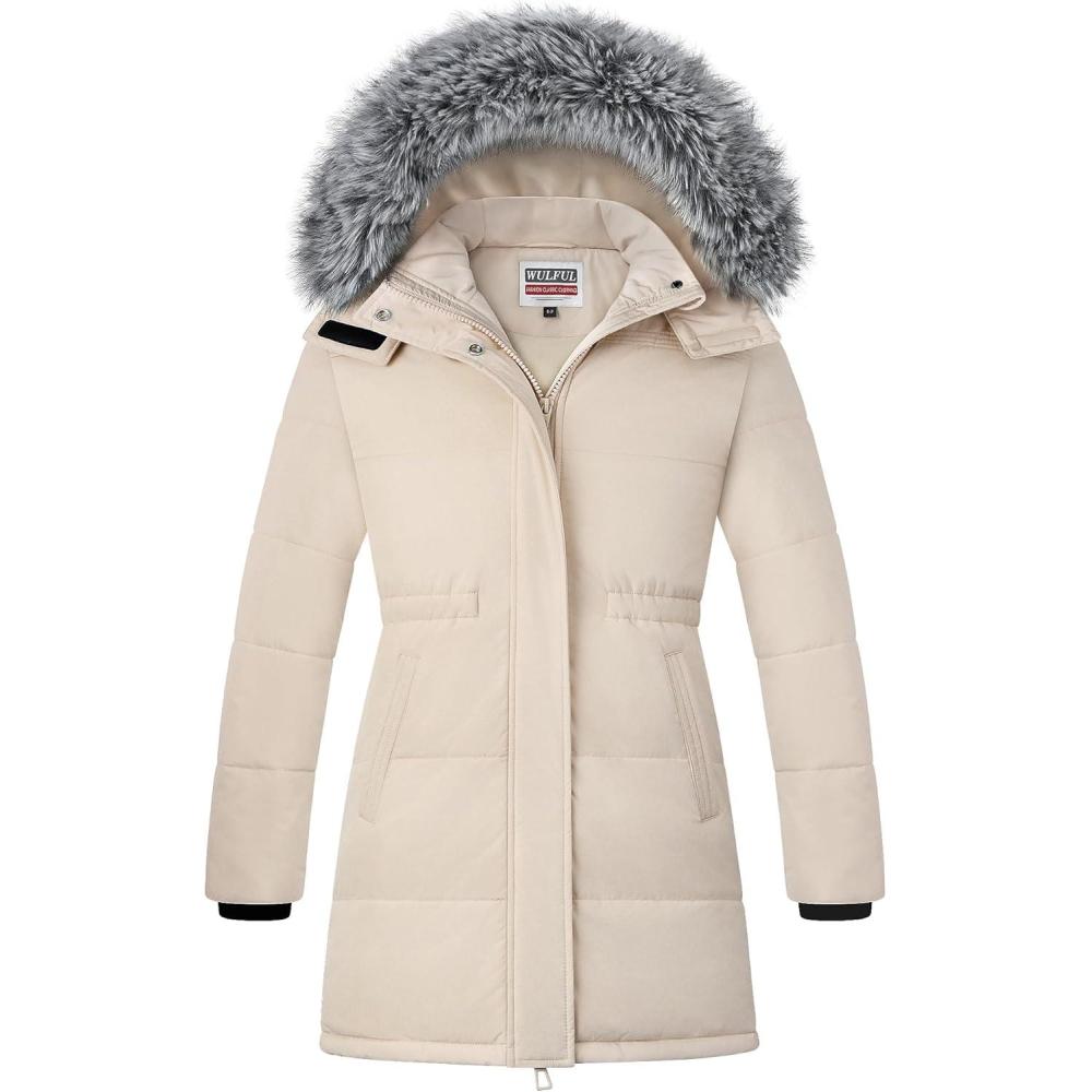 imageWULFUL Girls Winter Long Coats Hooded Parka Kids Warm Puffer JacketLight Khaki