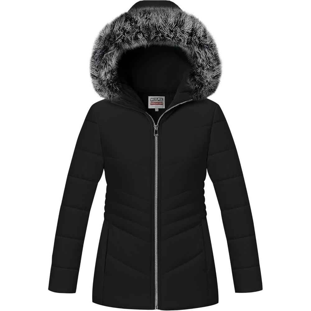 imageWULFUL Girls Winter Parka Coat Long Hooded Waterproof Warm Fleece Puffer JacketBlack