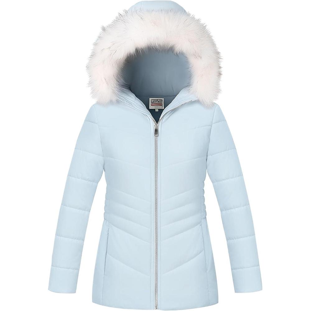 imageWULFUL Girls Winter Parka Coat Long Hooded Waterproof Warm Fleece Puffer JacketLight Blue