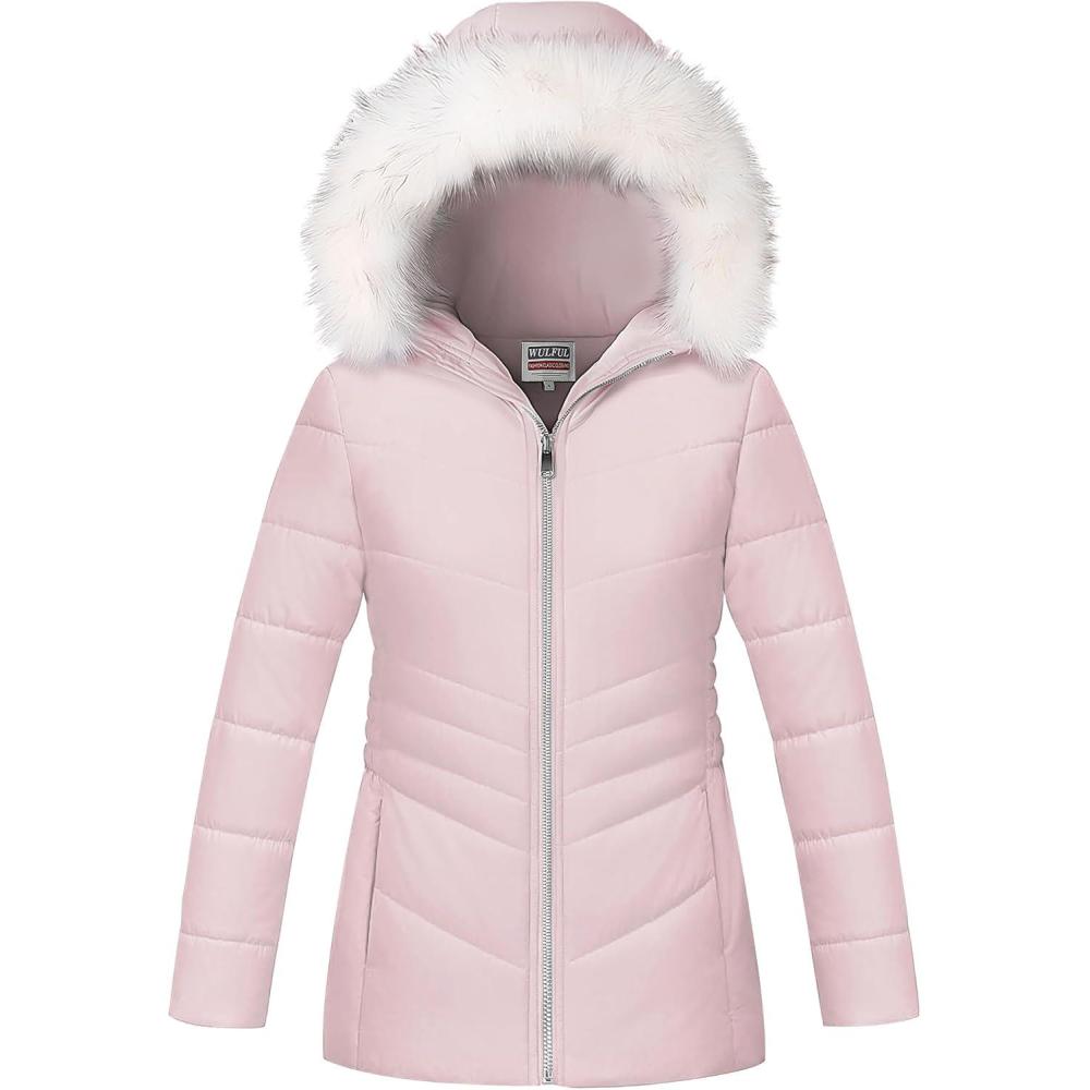 imageWULFUL Girls Winter Parka Coat Long Hooded Waterproof Warm Fleece Puffer JacketLight Pink