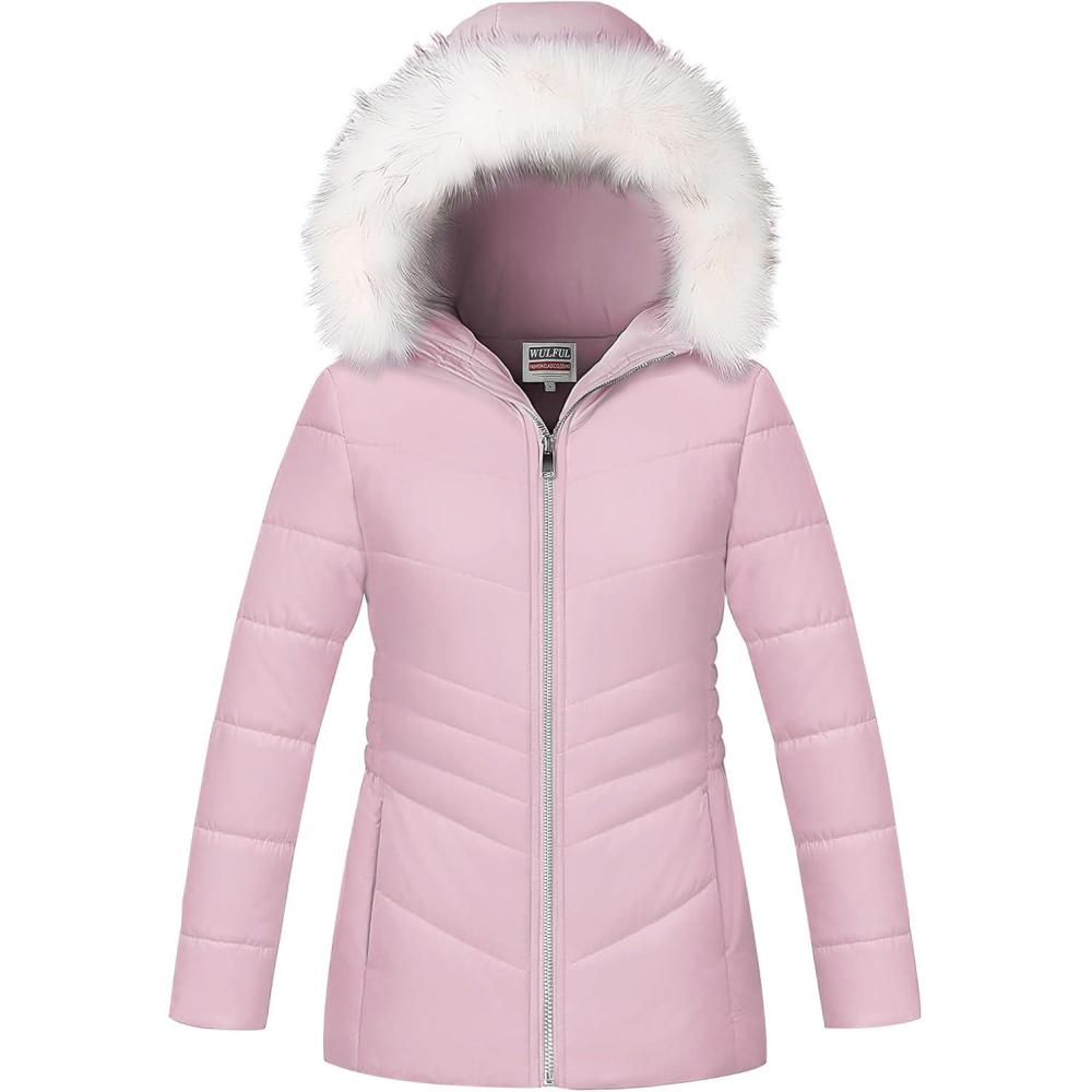imageWULFUL Girls Winter Parka Coat Long Hooded Waterproof Warm Fleece Puffer JacketPink