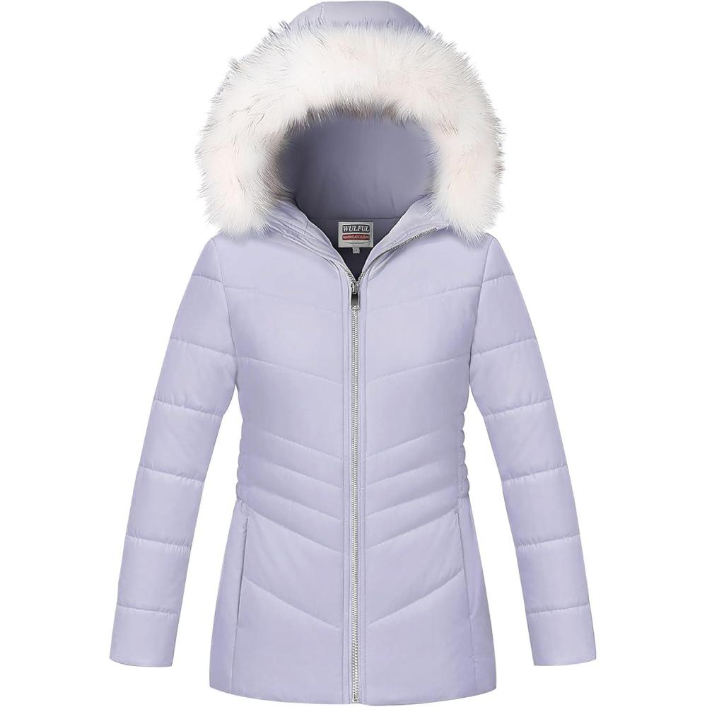 imageWULFUL Girls Winter Parka Coat Long Hooded Waterproof Warm Fleece Puffer JacketPurple