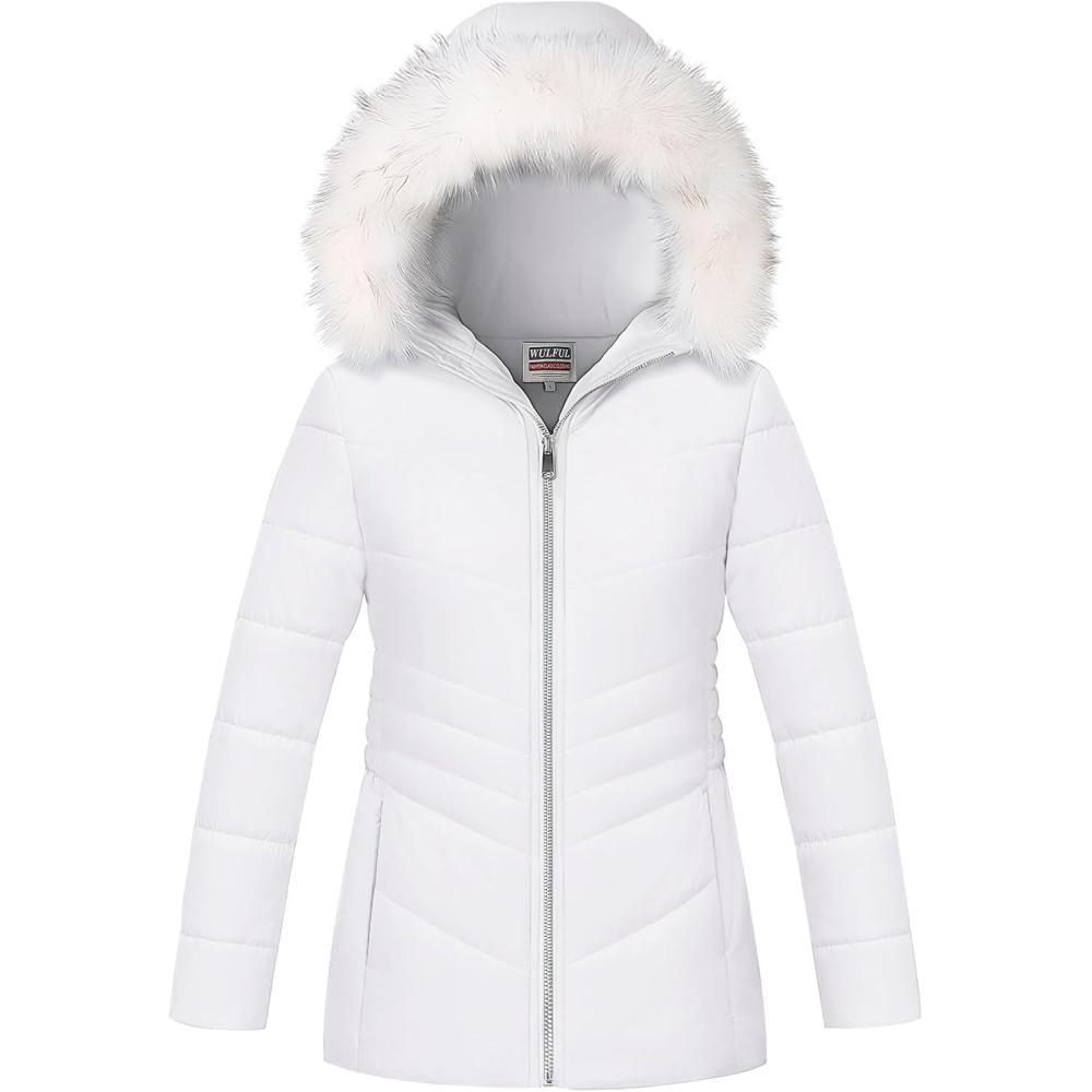 imageWULFUL Girls Winter Parka Coat Long Hooded Waterproof Warm Fleece Puffer JacketWhite