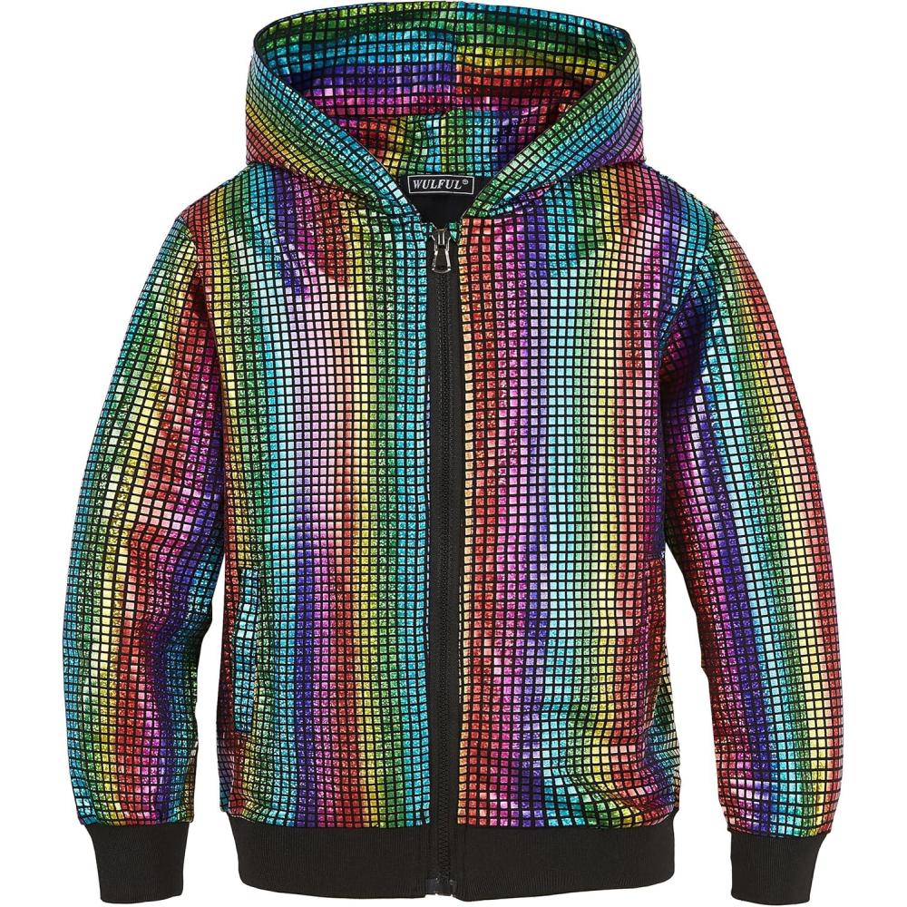 imageWULFUL Kids Boys Girls Fashion Hoodies 70s Disco Costume Party Sequin Metallic Sweatshirts with PocketMulticolor