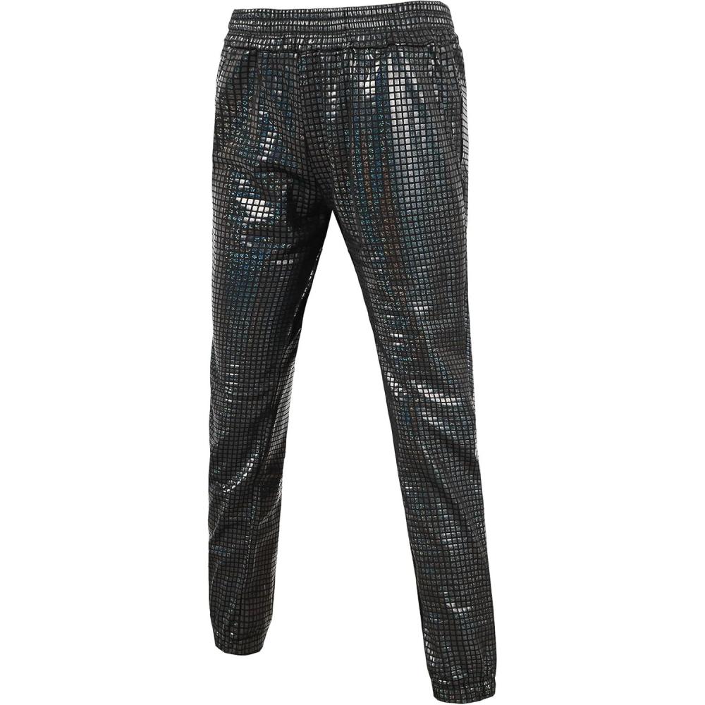 imageWULFUL Kids Boys Metallic 70s Disco Costume Sequin Party Jogger PantsBlack