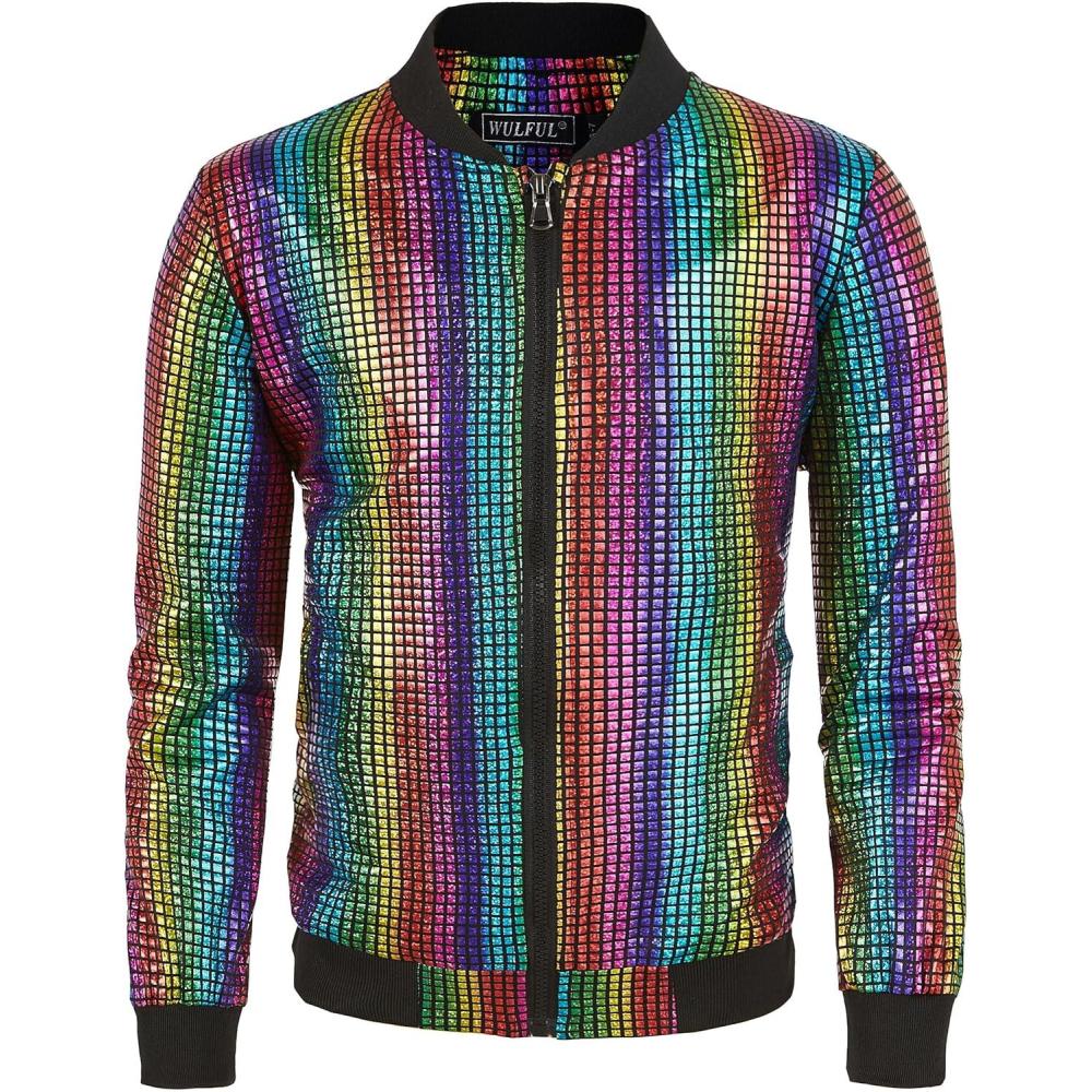 imageWULFUL Kids Boys Varsity Bomber Jacket 70s Disco Costume Party Sequin Metallic JacketsMulticolored