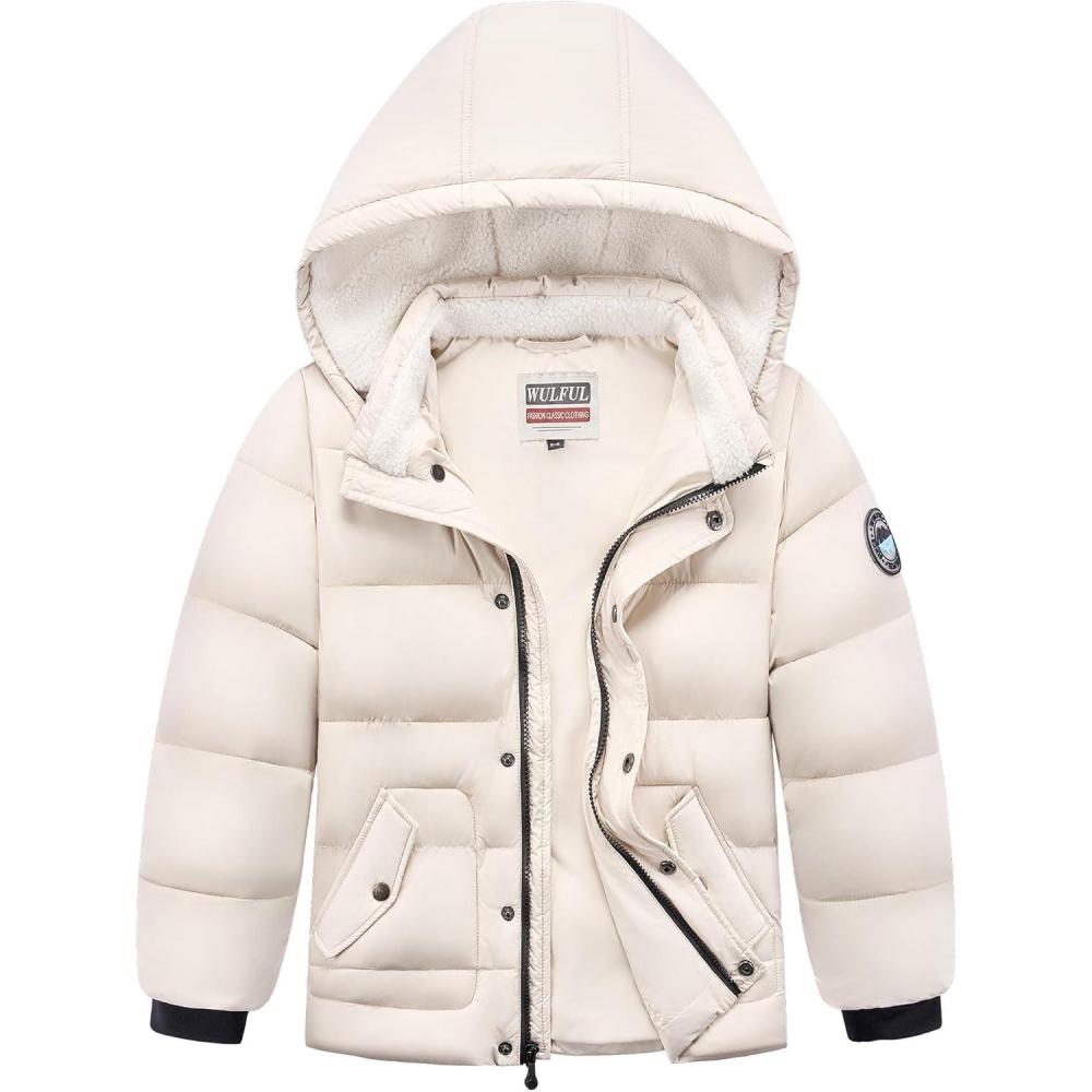 imageWULFUL Kids Boys Winter Coat Detachable Hat Puffer Windbreaker Warm Cotton Jacket Parka Down Outdoor CoatsBeige