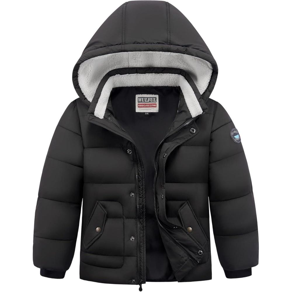 imageWULFUL Kids Boys Winter Coat Detachable Hat Puffer Windbreaker Warm Cotton Jacket Parka Down Outdoor CoatsBlack