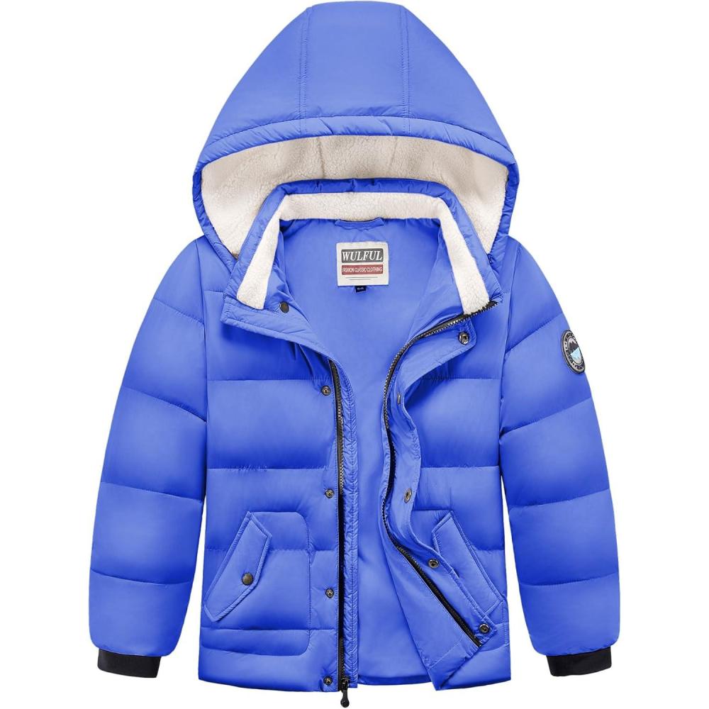 imageWULFUL Kids Boys Winter Coat Detachable Hat Puffer Windbreaker Warm Cotton Jacket Parka Down Outdoor CoatsBlue