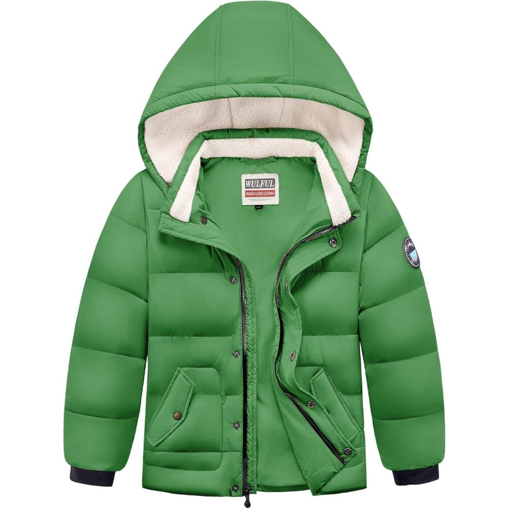 imageWULFUL Kids Boys Winter Coat Detachable Hat Puffer Windbreaker Warm Cotton Jacket Parka Down Outdoor CoatsGreen