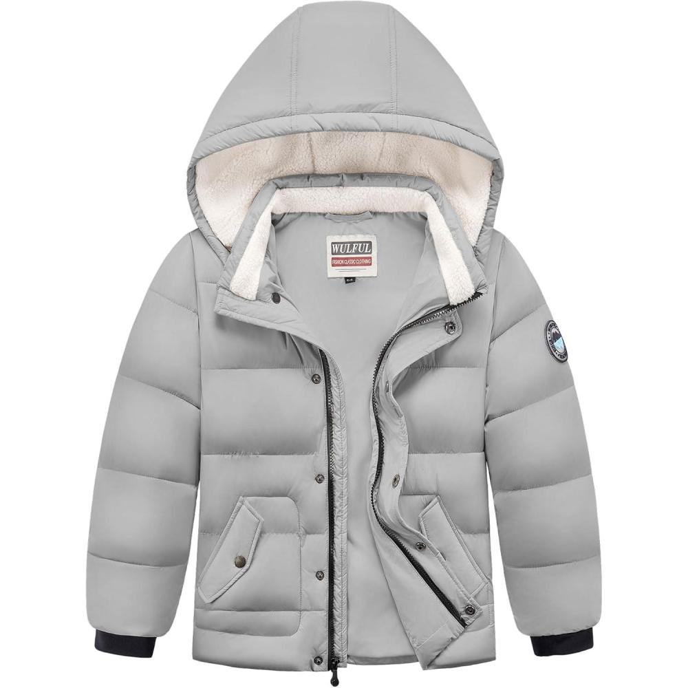 imageWULFUL Kids Boys Winter Coat Detachable Hat Puffer Windbreaker Warm Cotton Jacket Parka Down Outdoor CoatsGrey