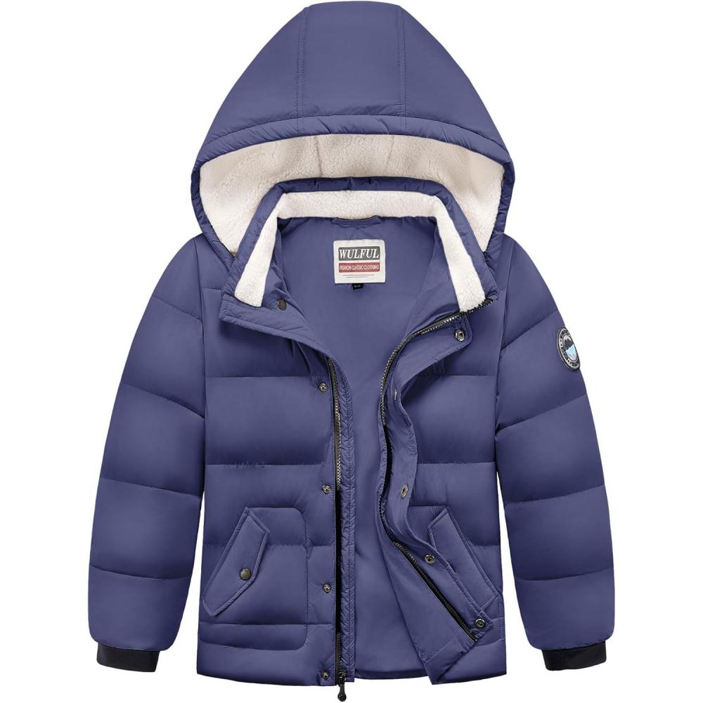 imageWULFUL Kids Boys Winter Coat Detachable Hat Puffer Windbreaker Warm Cotton Jacket Parka Down Outdoor CoatsNavy
