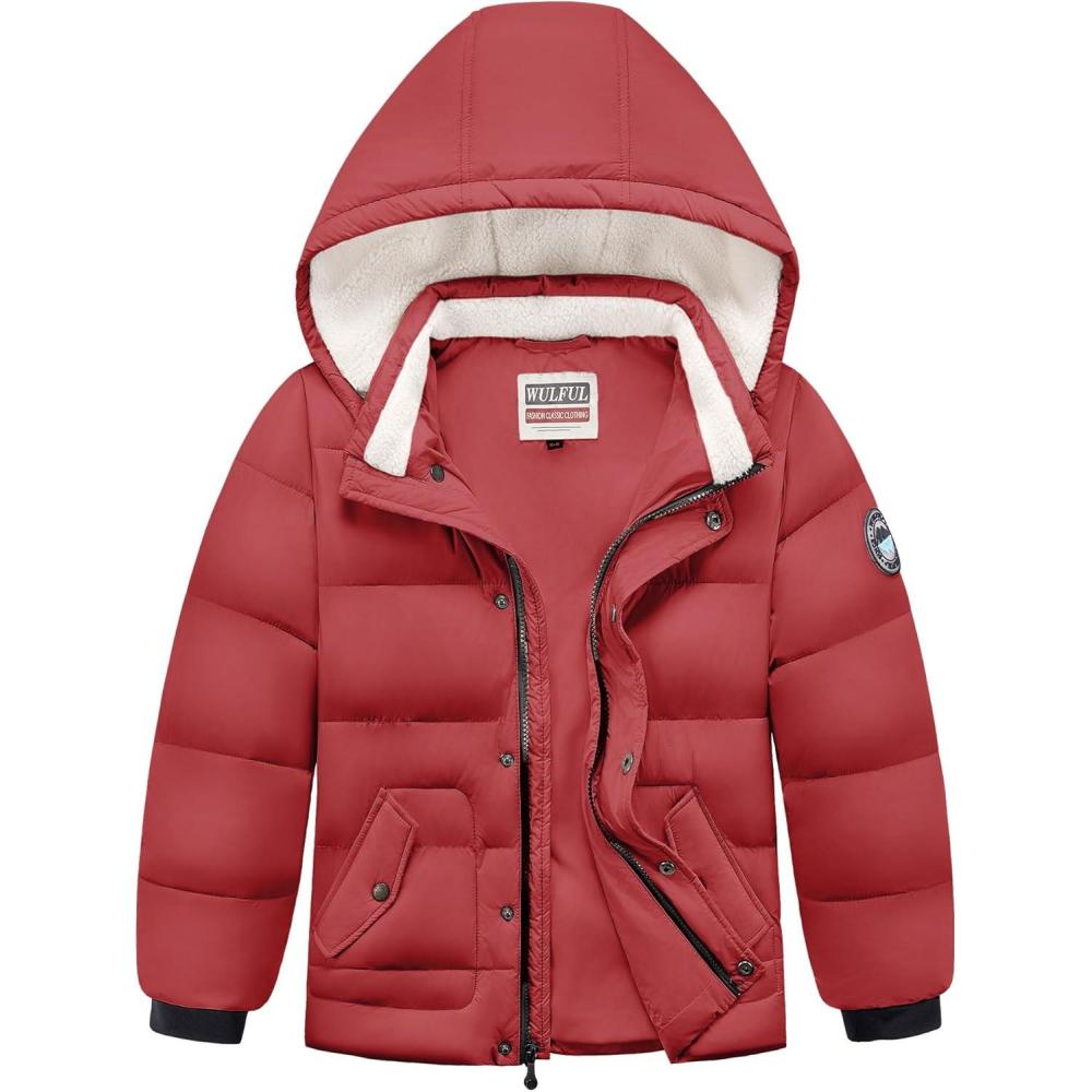 imageWULFUL Kids Boys Winter Coat Detachable Hat Puffer Windbreaker Warm Cotton Jacket Parka Down Outdoor CoatsRed