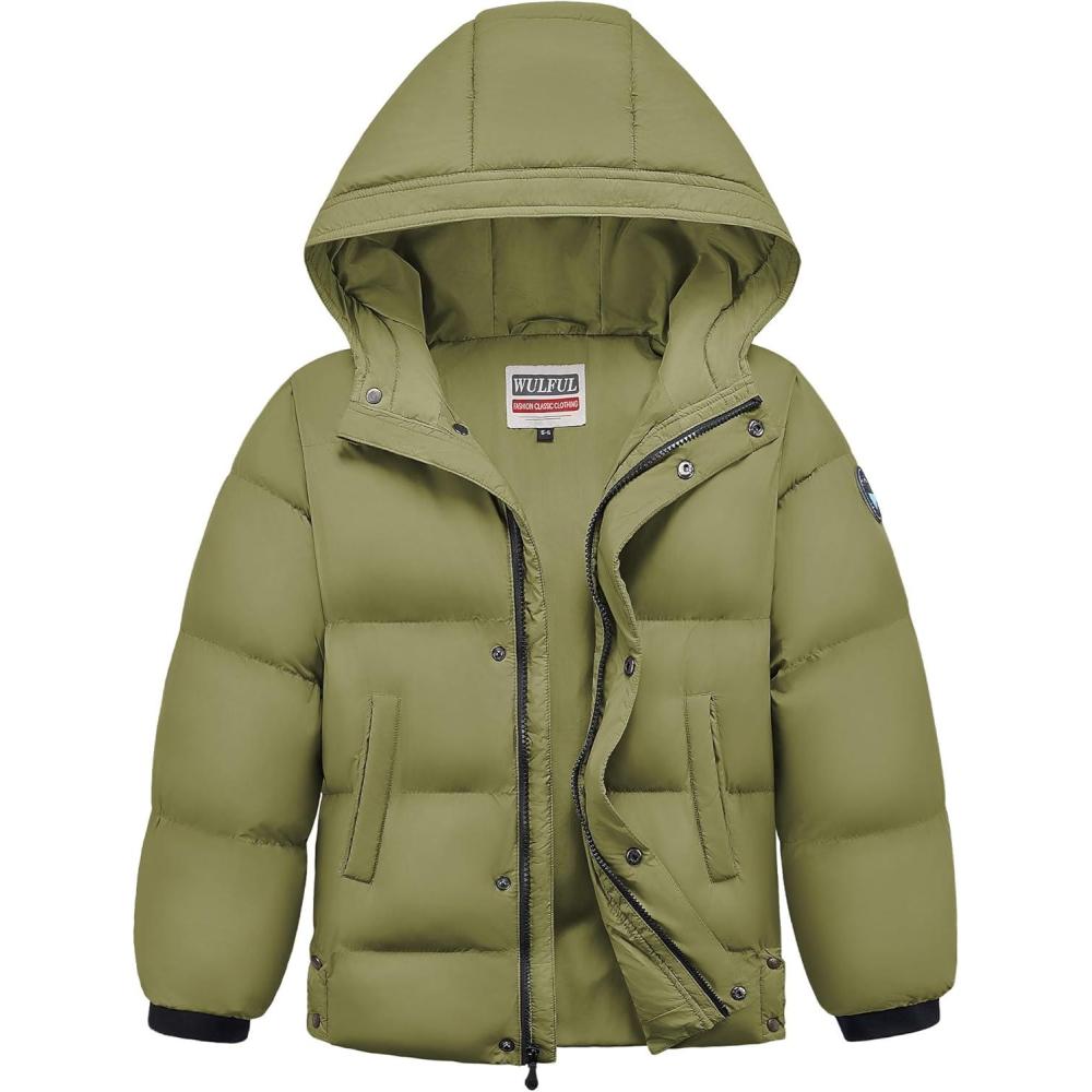 imageWULFUL Kids Boys Winter Coat Hooded Puffer Windbreaker Warm Cotton Jacket Parka Down Outdoor CoatsArmy Green