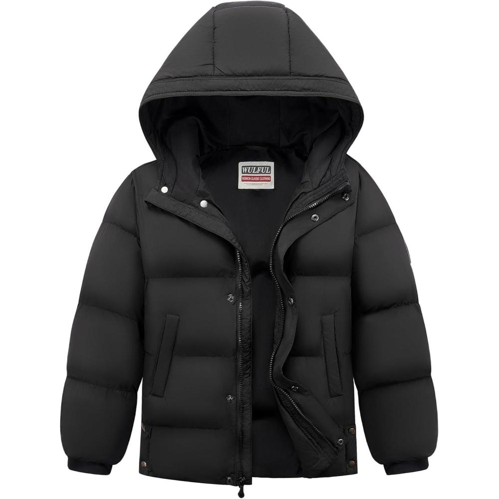 imageWULFUL Kids Boys Winter Coat Hooded Puffer Windbreaker Warm Cotton Jacket Parka Down Outdoor CoatsBlack