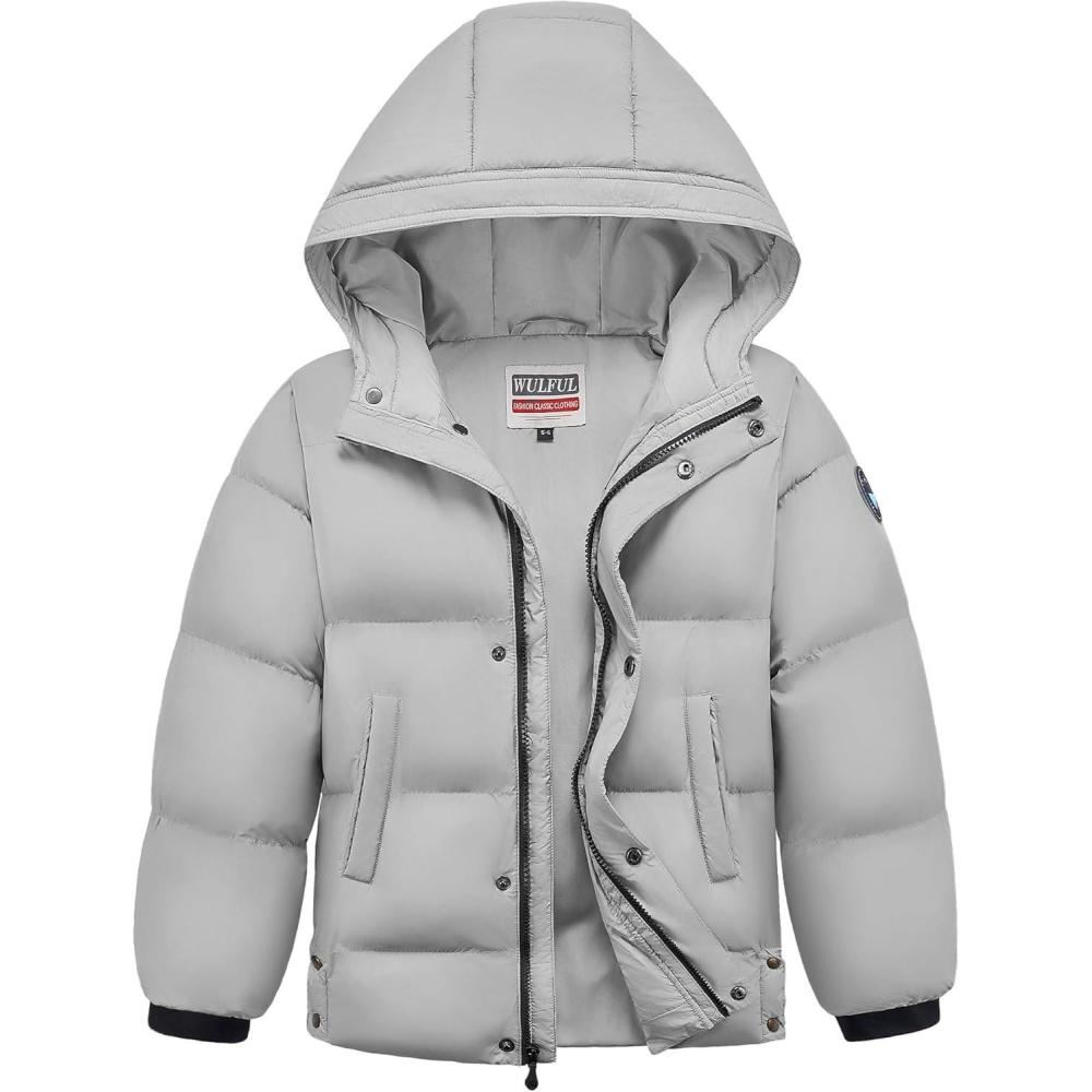 imageWULFUL Kids Boys Winter Coat Hooded Puffer Windbreaker Warm Cotton Jacket Parka Down Outdoor CoatsGrey