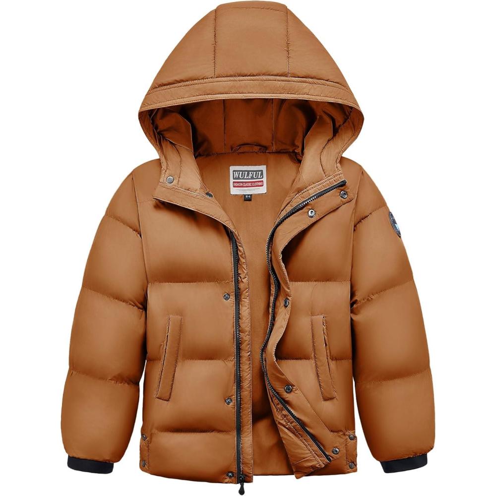 imageWULFUL Kids Boys Winter Coat Hooded Puffer Windbreaker Warm Cotton Jacket Parka Down Outdoor CoatsOrange