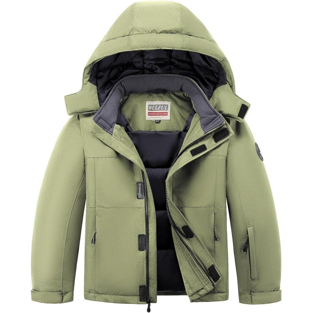 imageWULFUL Kids Waterproof Ski Jacket Warm Fleece Hooded Boys and Girls Winter Snow Coat OutwearWindproof RainCoatArmy Green