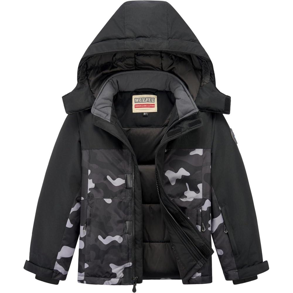 imageWULFUL Kids Waterproof Ski Jacket Warm Fleece Hooded Boys and Girls Winter Snow Coat OutwearWindproof RainCoatBlack Camouflage