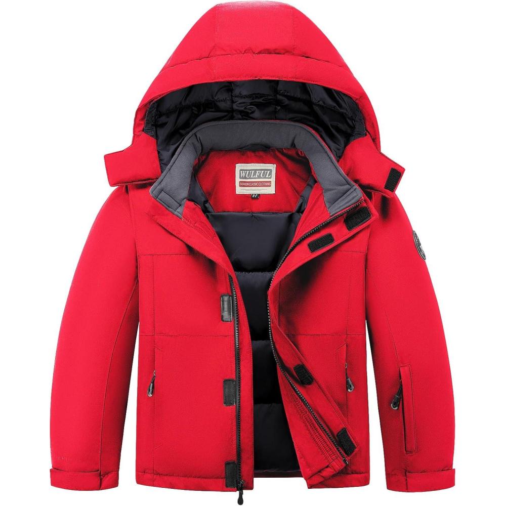 imageWULFUL Kids Waterproof Ski Jacket Warm Fleece Hooded Boys and Girls Winter Snow Coat OutwearWindproof RainCoatRed