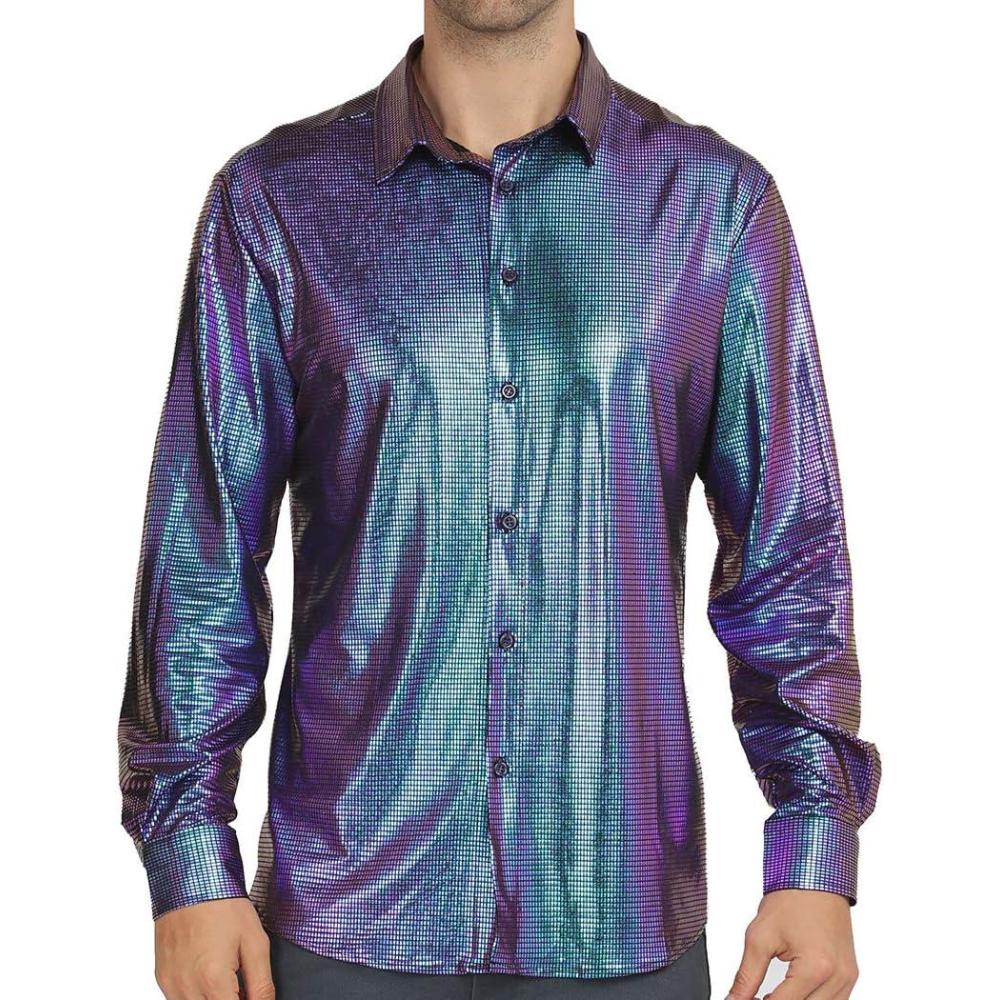imageWULFUL Men Dress Shirt Sequins Long Sleeve Button Down Shirt Luxury Disco Party Nightclub Christmas Prom CostumeBlue 02