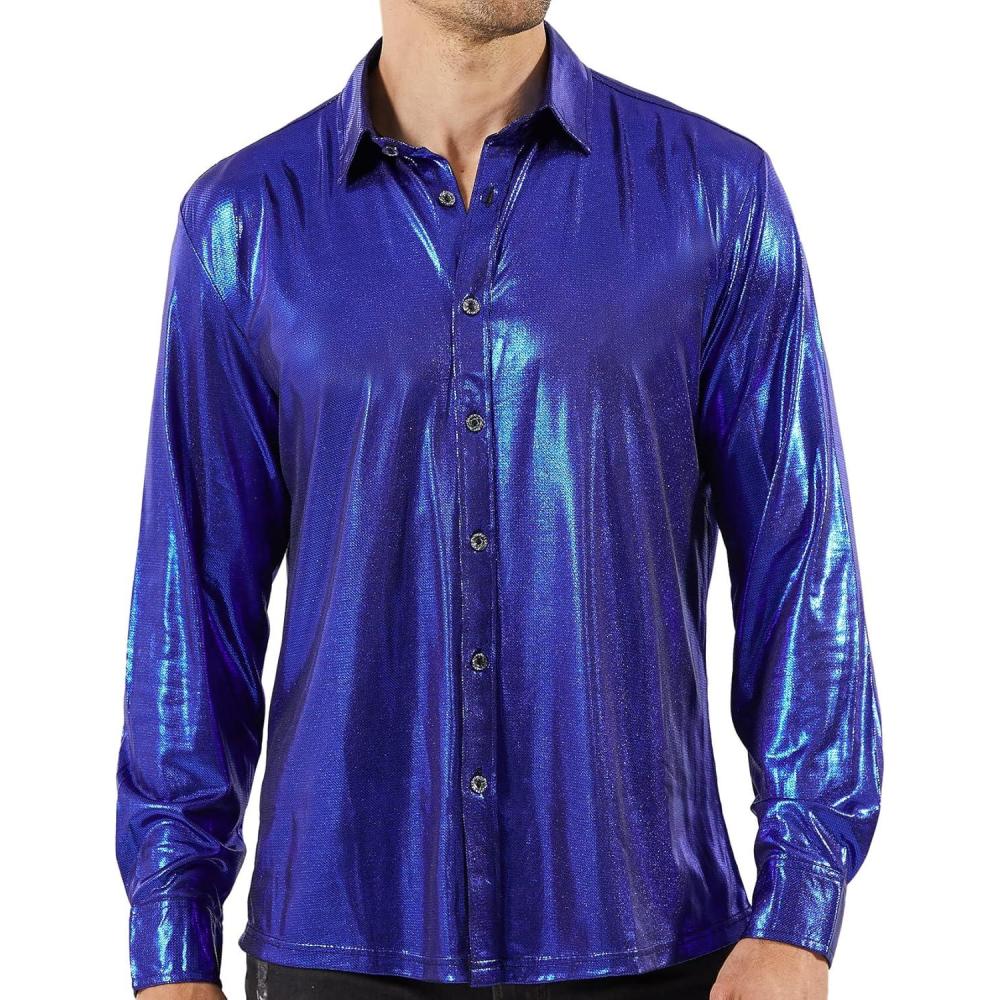 imageWULFUL Men Dress Shirt Sequins Long Sleeve Button Down Shirt Luxury Disco Party Nightclub Christmas Prom CostumeBlue0156