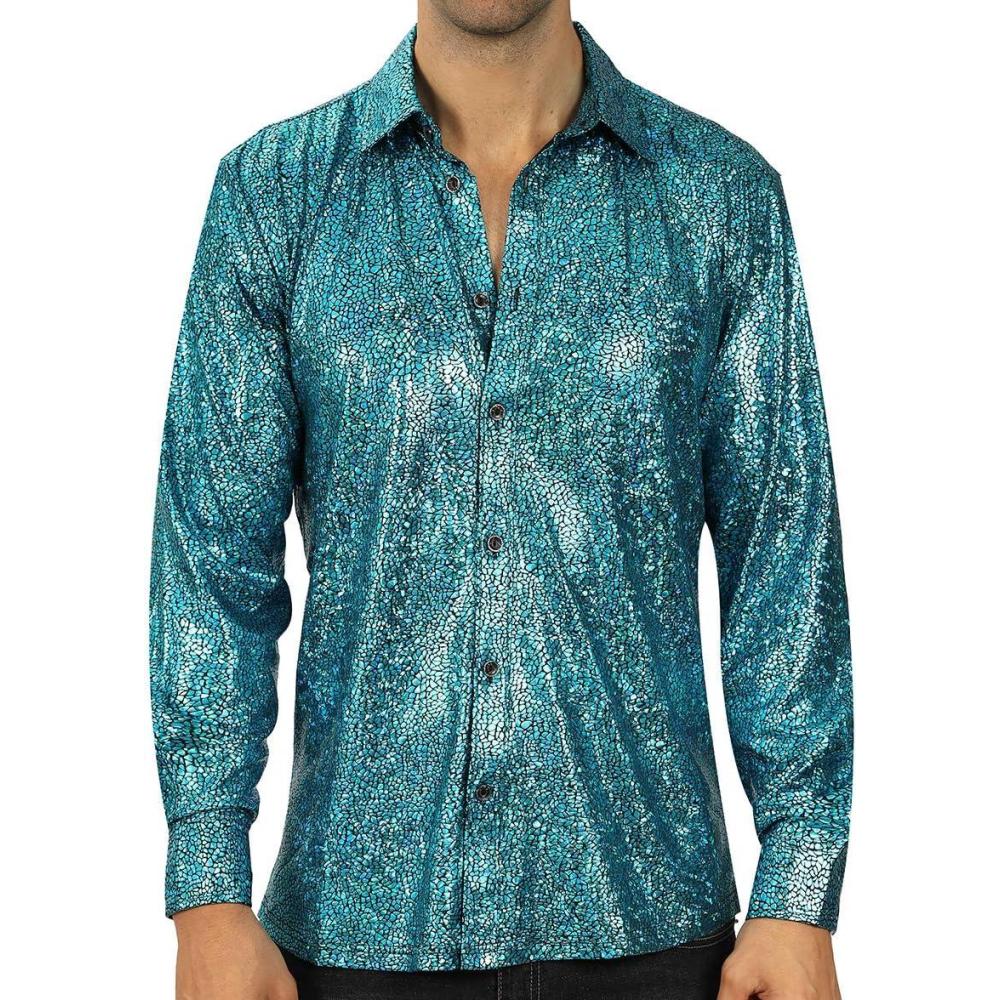 imageWULFUL Men Dress Shirt Sequins Long Sleeve Button Down Shirt Luxury Disco Party Nightclub Christmas Prom CostumeBlue033