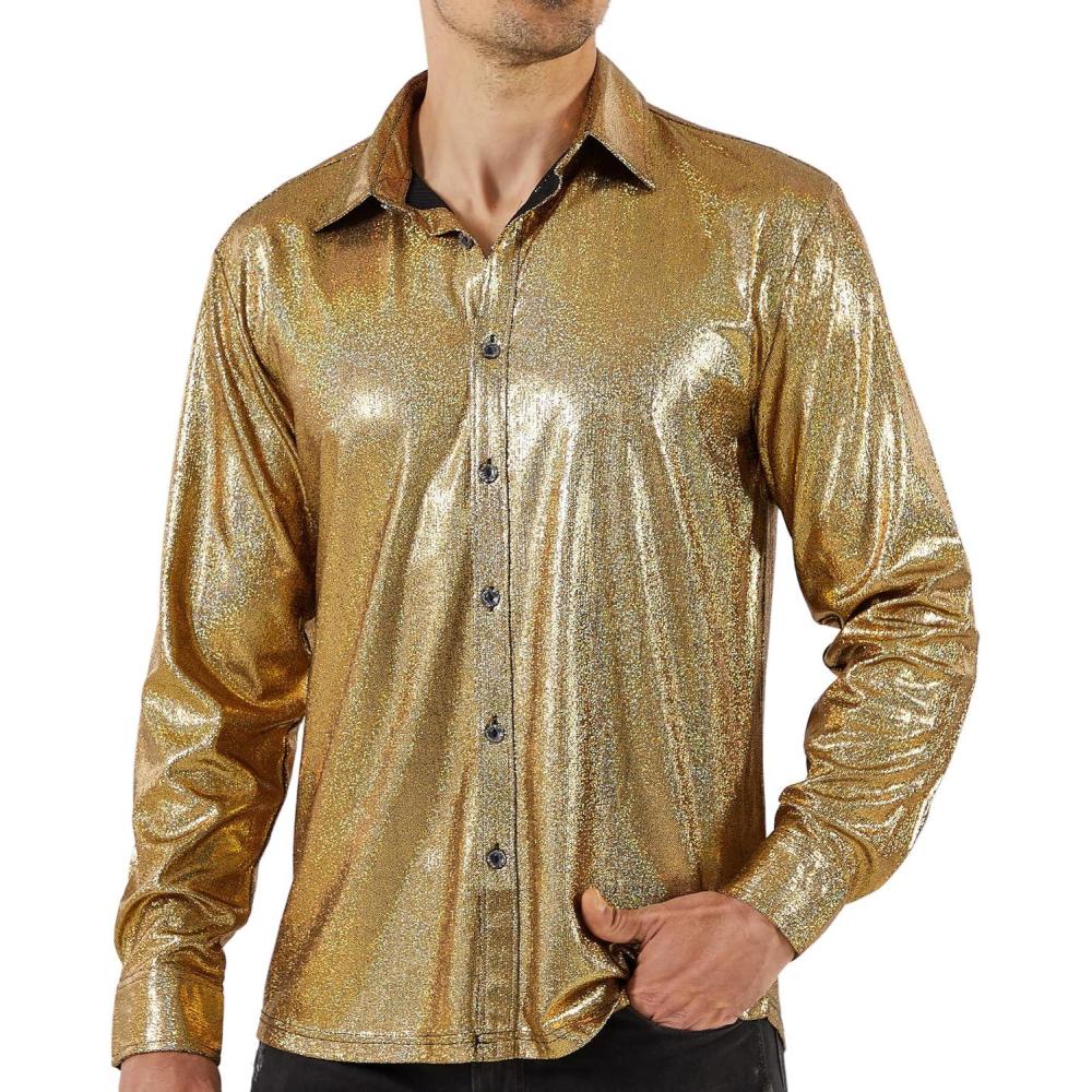 imageWULFUL Men Dress Shirt Sequins Long Sleeve Button Down Shirt Luxury Disco Party Nightclub Christmas Prom CostumeGold0155