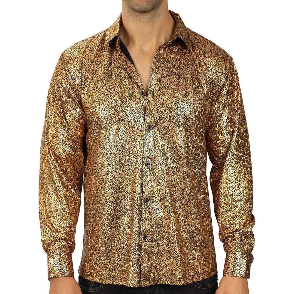 imageWULFUL Men Dress Shirt Sequins Long Sleeve Button Down Shirt Luxury Disco Party Nightclub Christmas Prom CostumeGold033