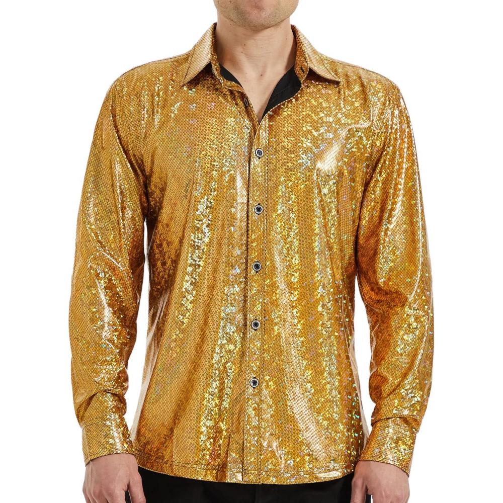 imageWULFUL Men Dress Shirt Sequins Long Sleeve Button Down Shirt Luxury Disco Party Nightclub Christmas Prom CostumeGold035