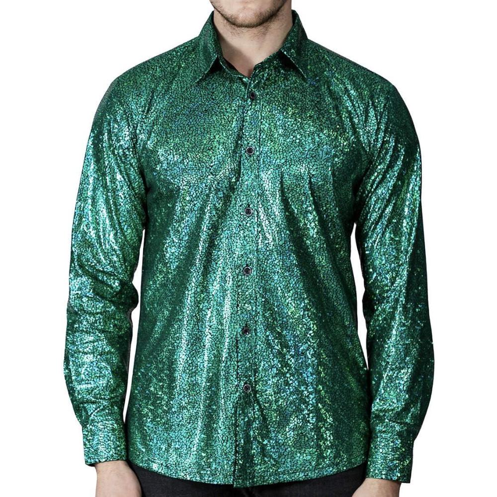 imageWULFUL Men Dress Shirt Sequins Long Sleeve Button Down Shirt Luxury Disco Party Nightclub Christmas Prom CostumeGreen