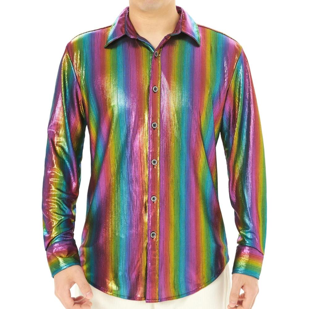 imageWULFUL Men Dress Shirt Sequins Long Sleeve Button Down Shirt Luxury Disco Party Nightclub Christmas Prom CostumeMulticolor01