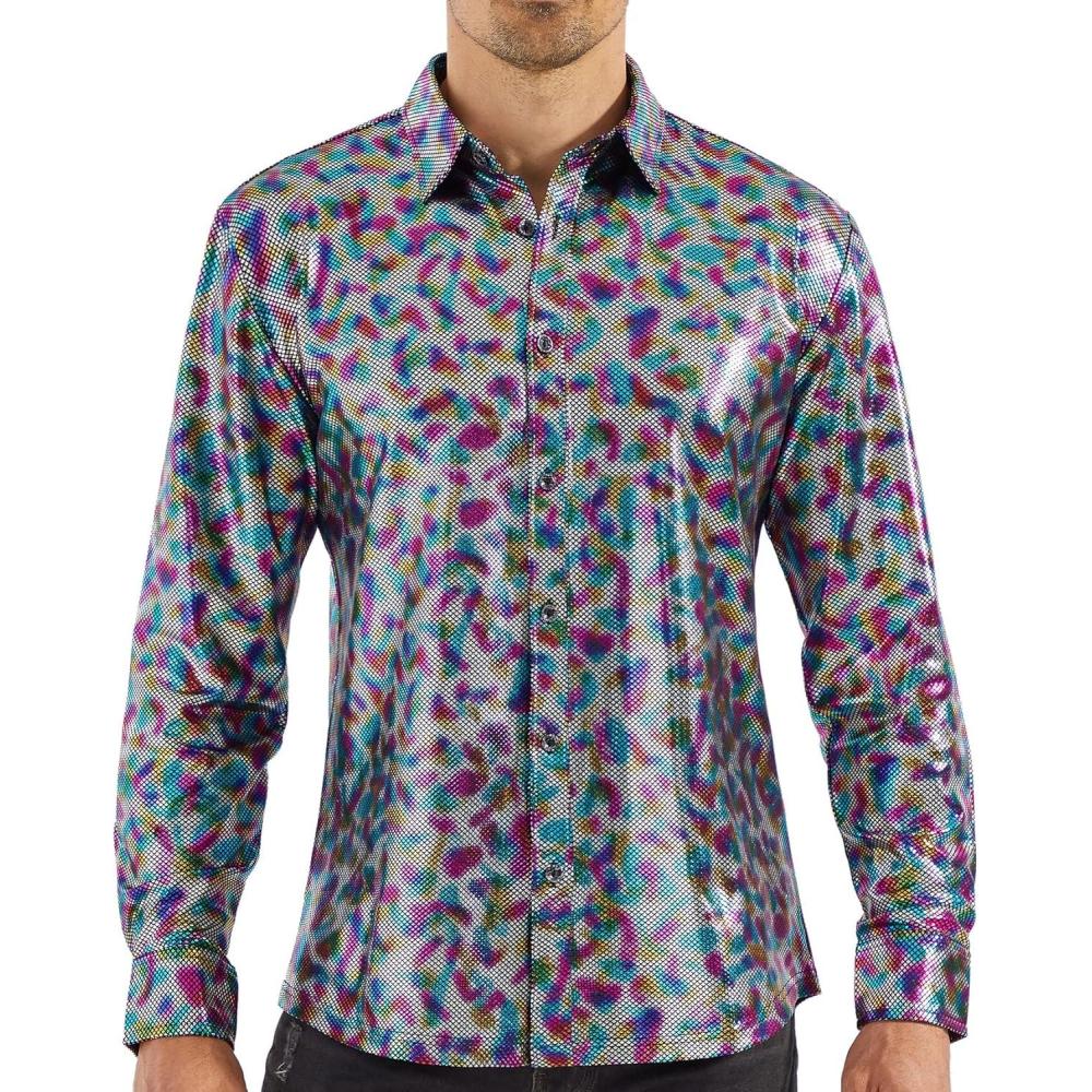 imageWULFUL Men Dress Shirt Sequins Long Sleeve Button Down Shirt Luxury Disco Party Nightclub Christmas Prom CostumeMulticolor022