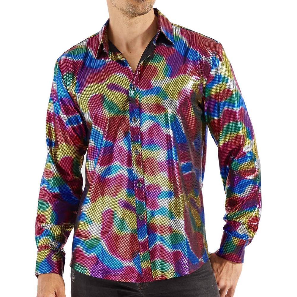 imageWULFUL Men Dress Shirt Sequins Long Sleeve Button Down Shirt Luxury Disco Party Nightclub Christmas Prom CostumeMulticolor023