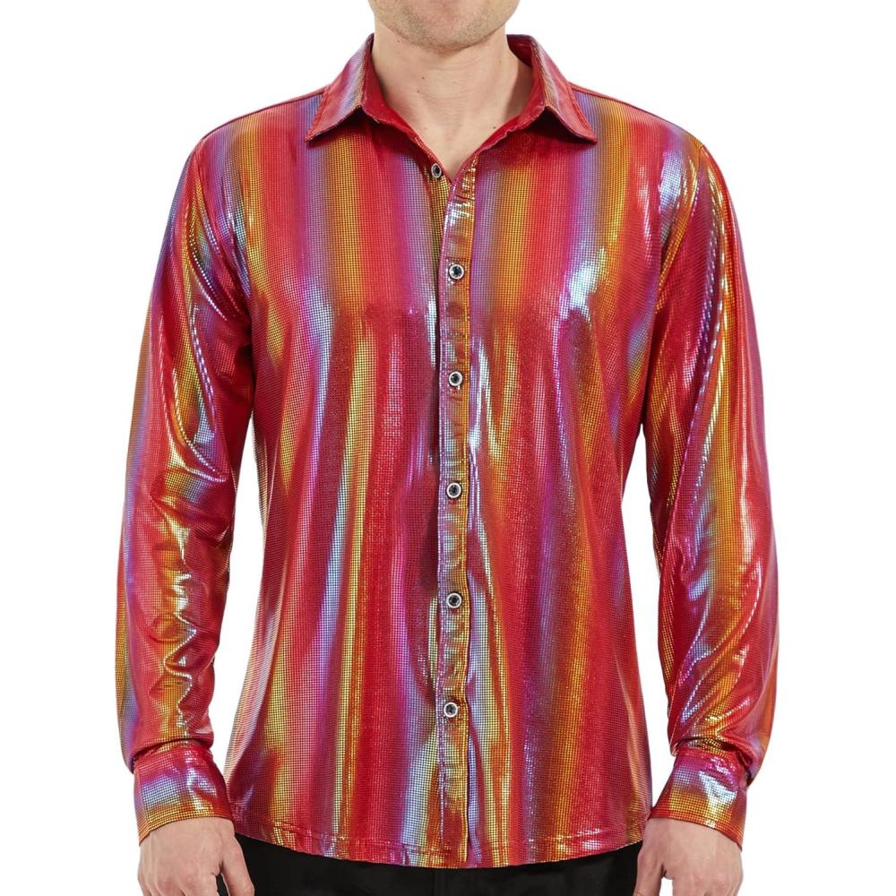 imageWULFUL Men Dress Shirt Sequins Long Sleeve Button Down Shirt Luxury Disco Party Nightclub Christmas Prom CostumeMulticolor035