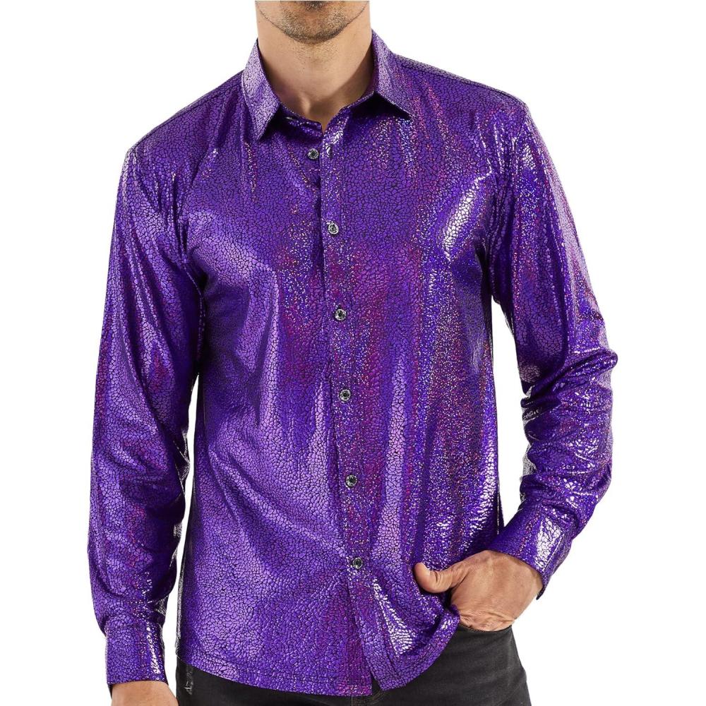 imageWULFUL Men Dress Shirt Sequins Long Sleeve Button Down Shirt Luxury Disco Party Nightclub Christmas Prom CostumePurple033