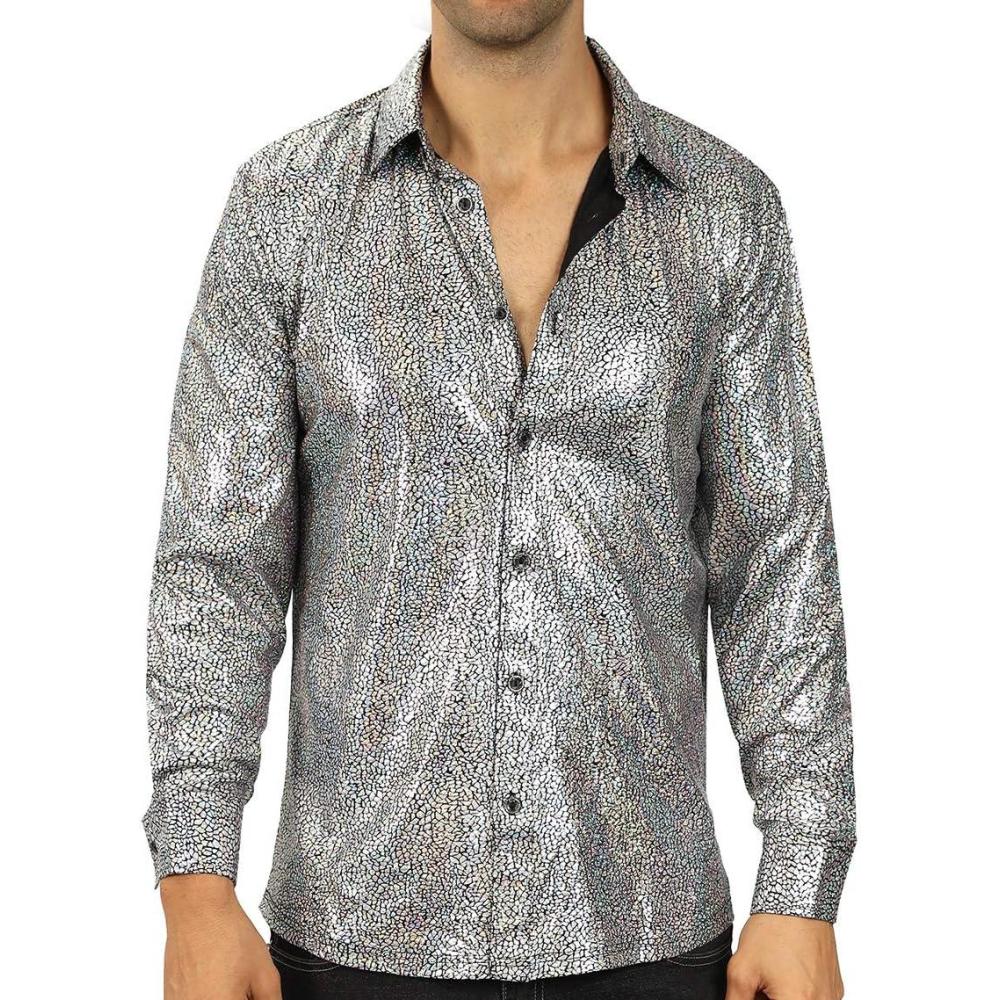 imageWULFUL Men Dress Shirt Sequins Long Sleeve Button Down Shirt Luxury Disco Party Nightclub Christmas Prom CostumeSilver033