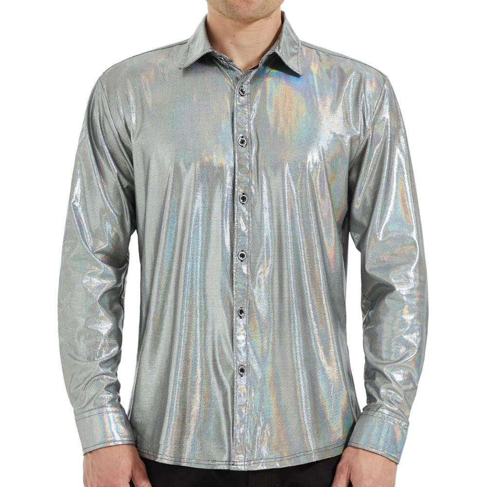 imageWULFUL Men Dress Shirt Sequins Long Sleeve Button Down Shirt Luxury Disco Party Nightclub Christmas Prom CostumeSilver035