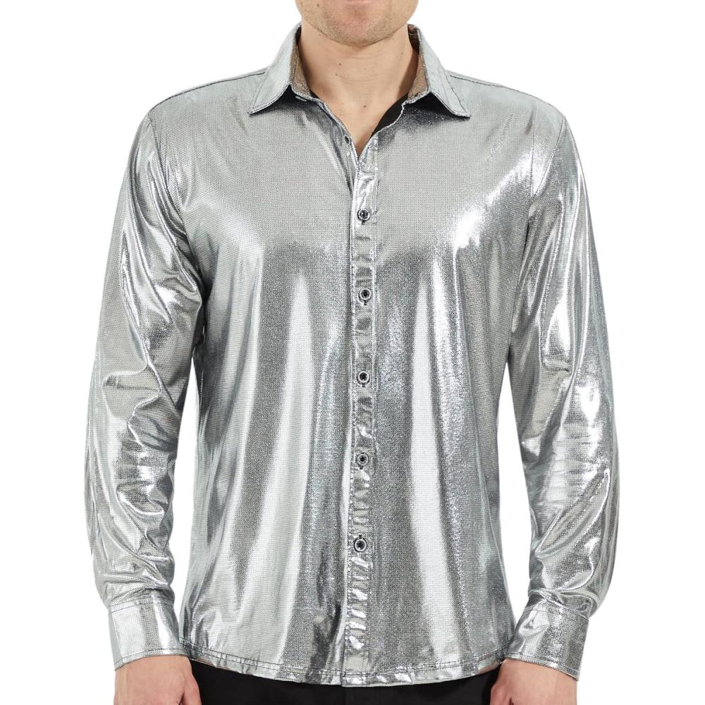imageWULFUL Men Dress Shirt Sequins Long Sleeve Button Down Shirt Luxury Disco Party Nightclub Christmas Prom CostumeSilver036