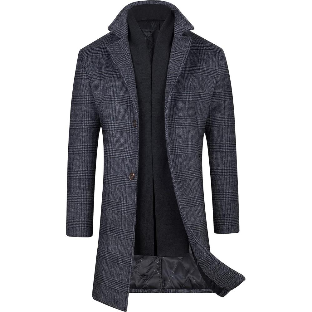 imageWULFUL Men Wool Trench Coat Slim Fit Winter CoatGrey Plaid